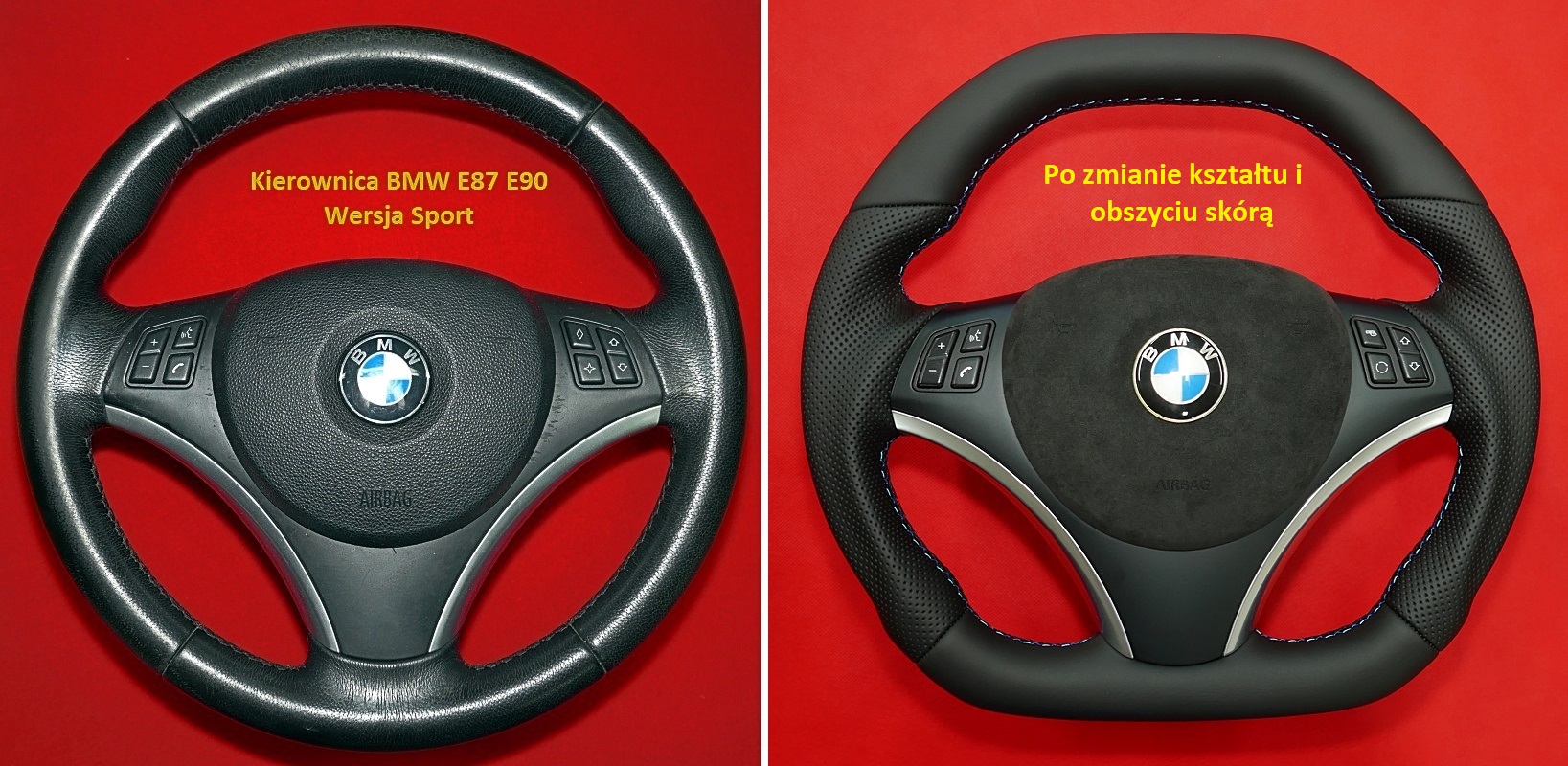 Tuning modyfikacja zmiana kasztu obszycie skórą kierownica BMW E90