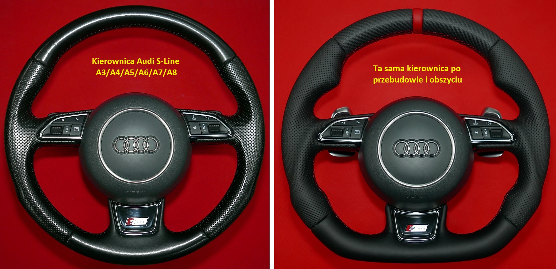 Kierownica Audi carbon włókno węglowe zmiana kształtu obszycie skórą S-Line