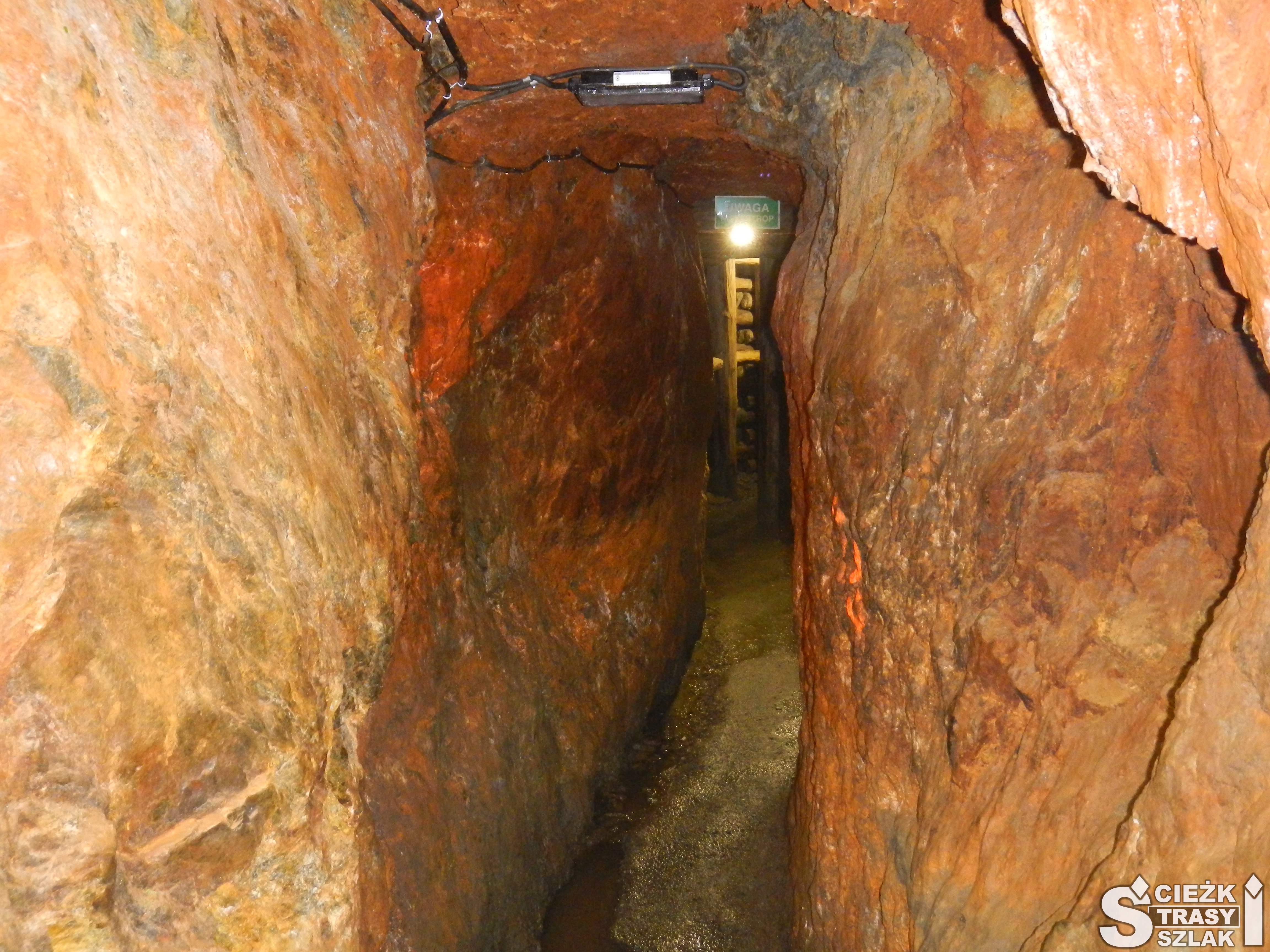 Czerwony, pokryty ochrą górniczy korytarz w sztolni ochrowa w kopalni złota w Złotym Stoku