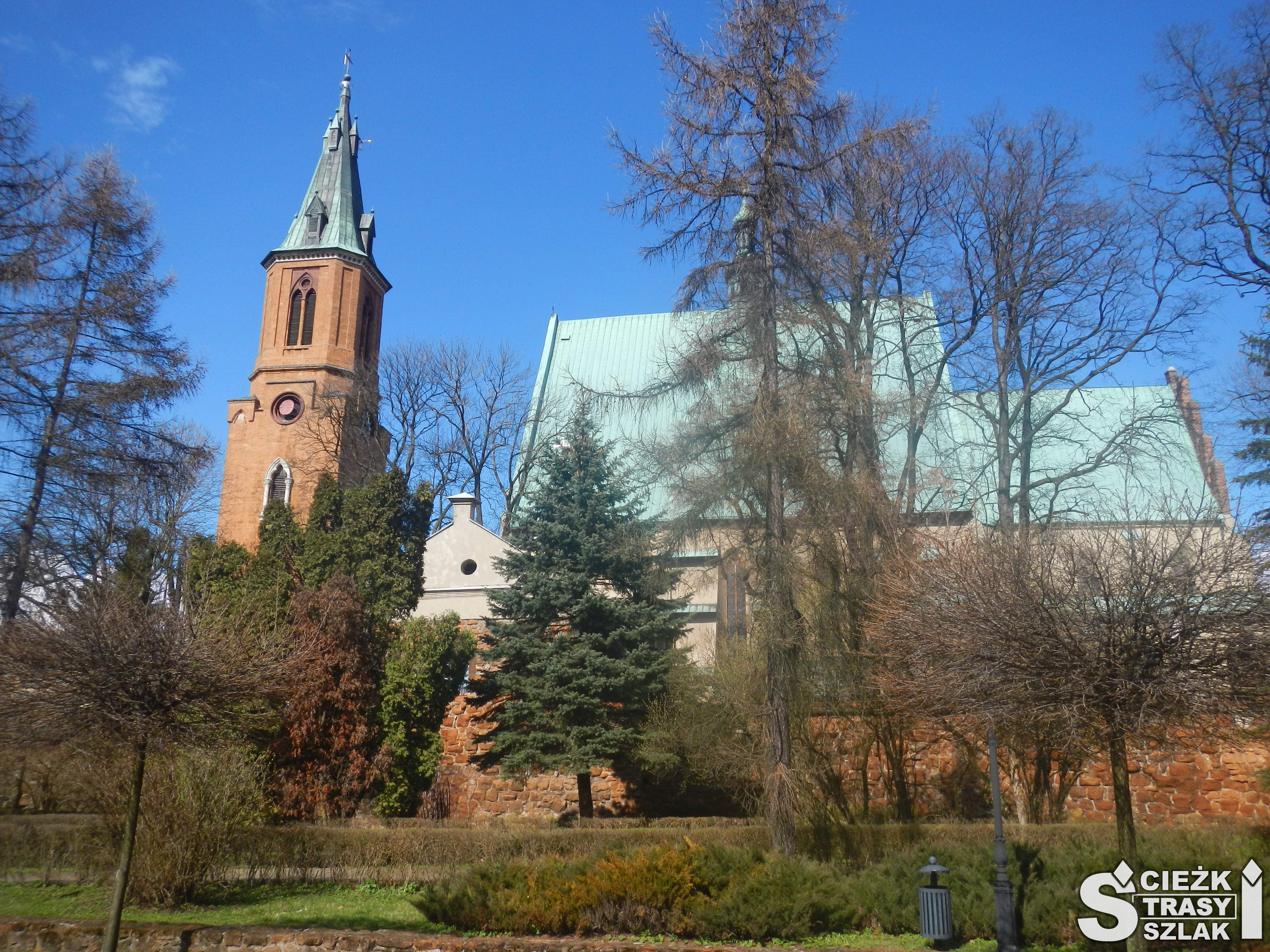 Wysoka dzwonnica przy Bazylice Św. Andrzeja w Olkuszu ze strzelistym dachem i krzyżem Gwarków Olkuskich w środku