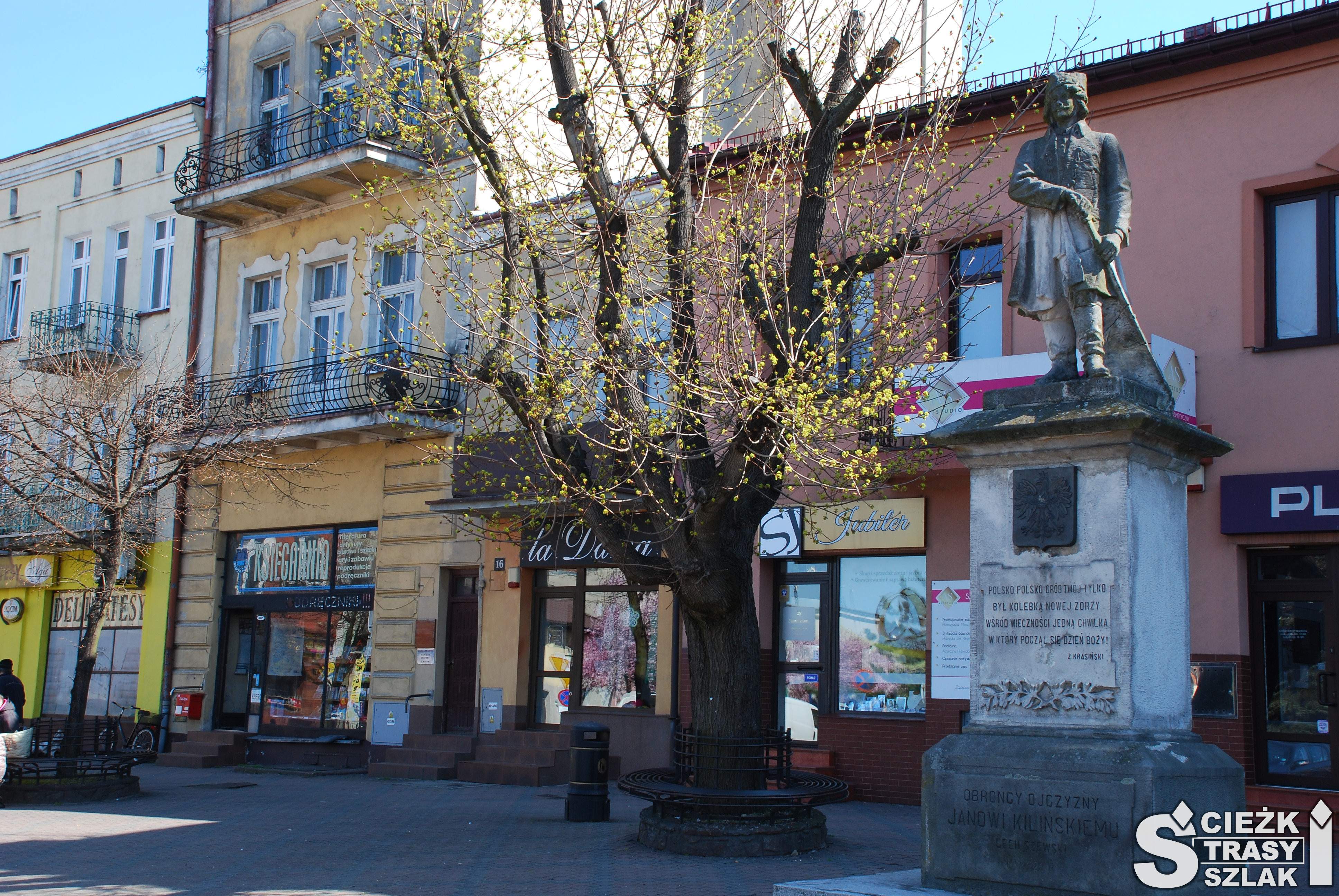 Pomnik Kilińskiego, który stoi z szablą w ręku na wysokim cementowym postumencie na rynku w Wolbromiu