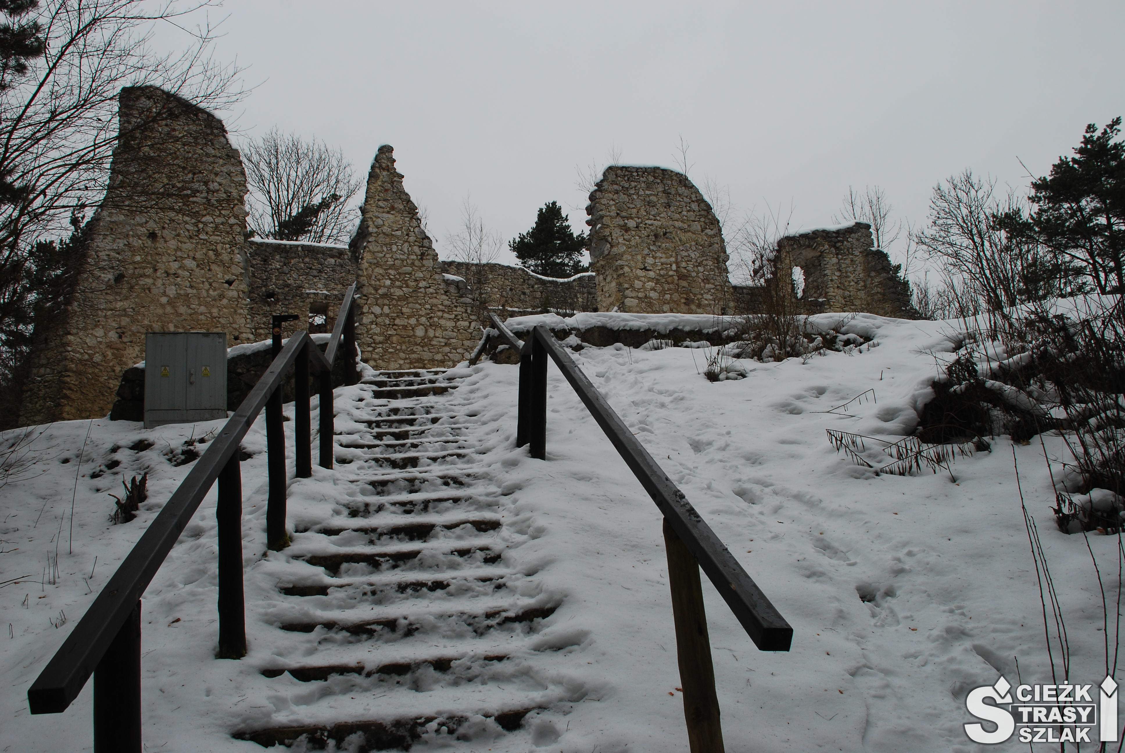 Strome schody do ruin zamku w Bydlinie na wzgórzu pokrytym śniegiem