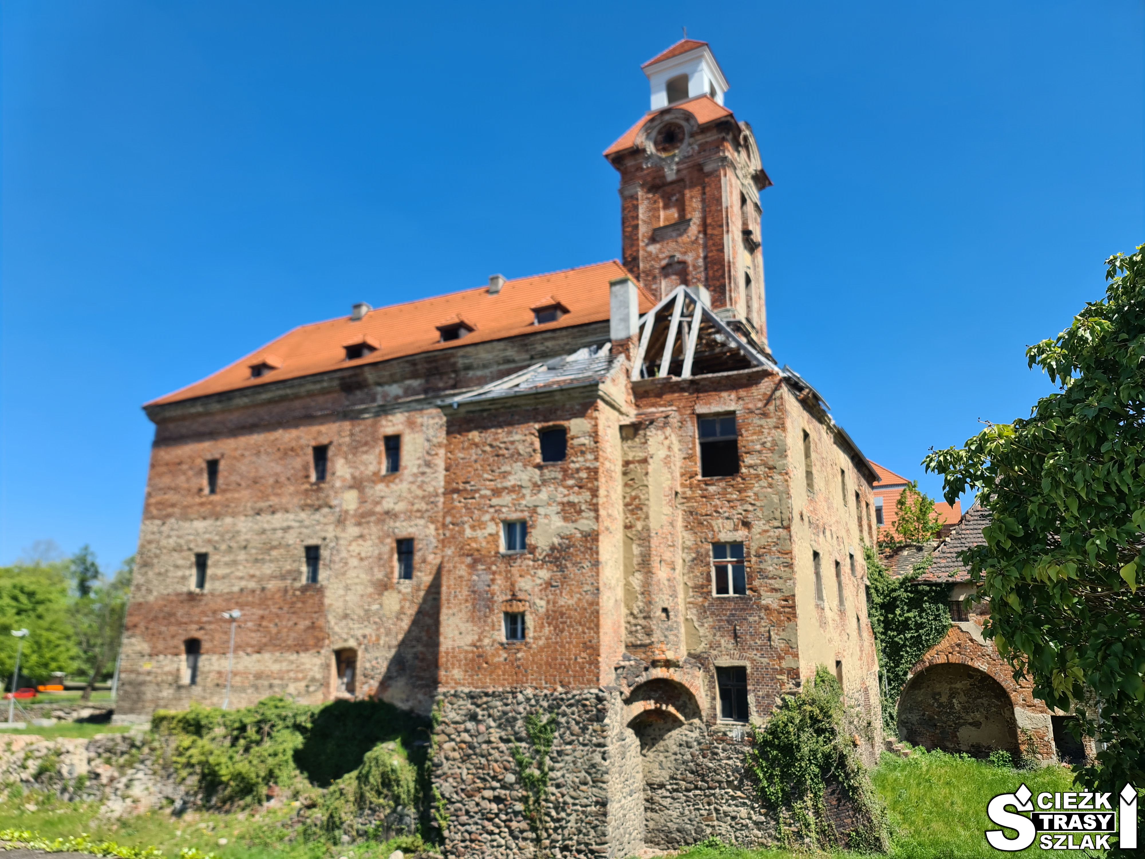 Zniszczony Zamek Dewinów-Bibersteinów w Żarach na planie kwadratu z wysoką wieżą z kamiennymi fundamentami