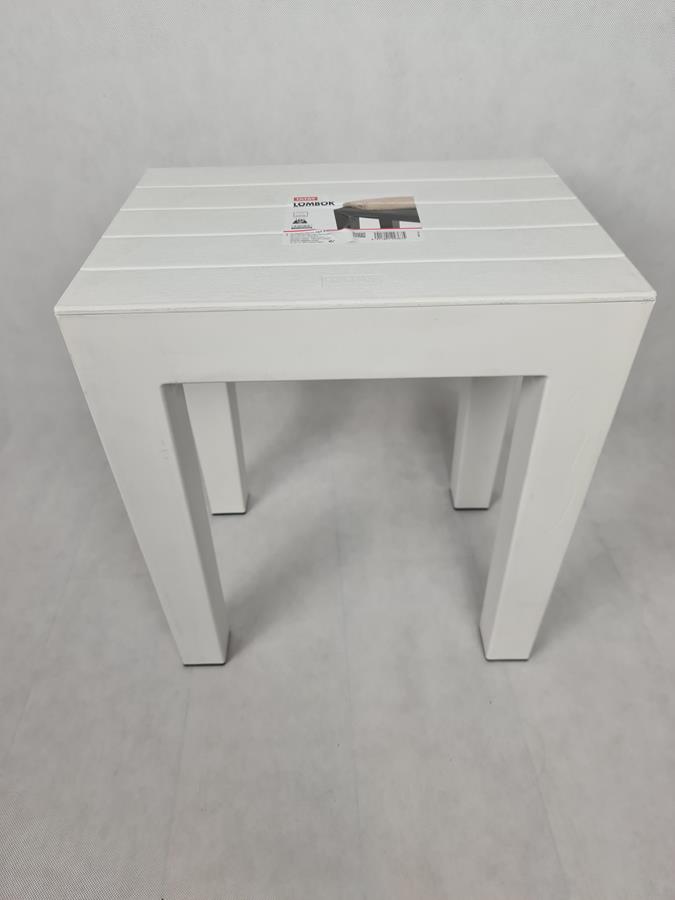 TATAY Prostokątny stołek z białego polipropylenu teksturowanego, z wykończeniem z drewna.