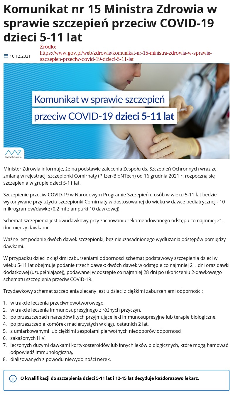 Komunikat MZ w sprawie szczepień przeciw COVID-19 dzieci 5-11 lat.