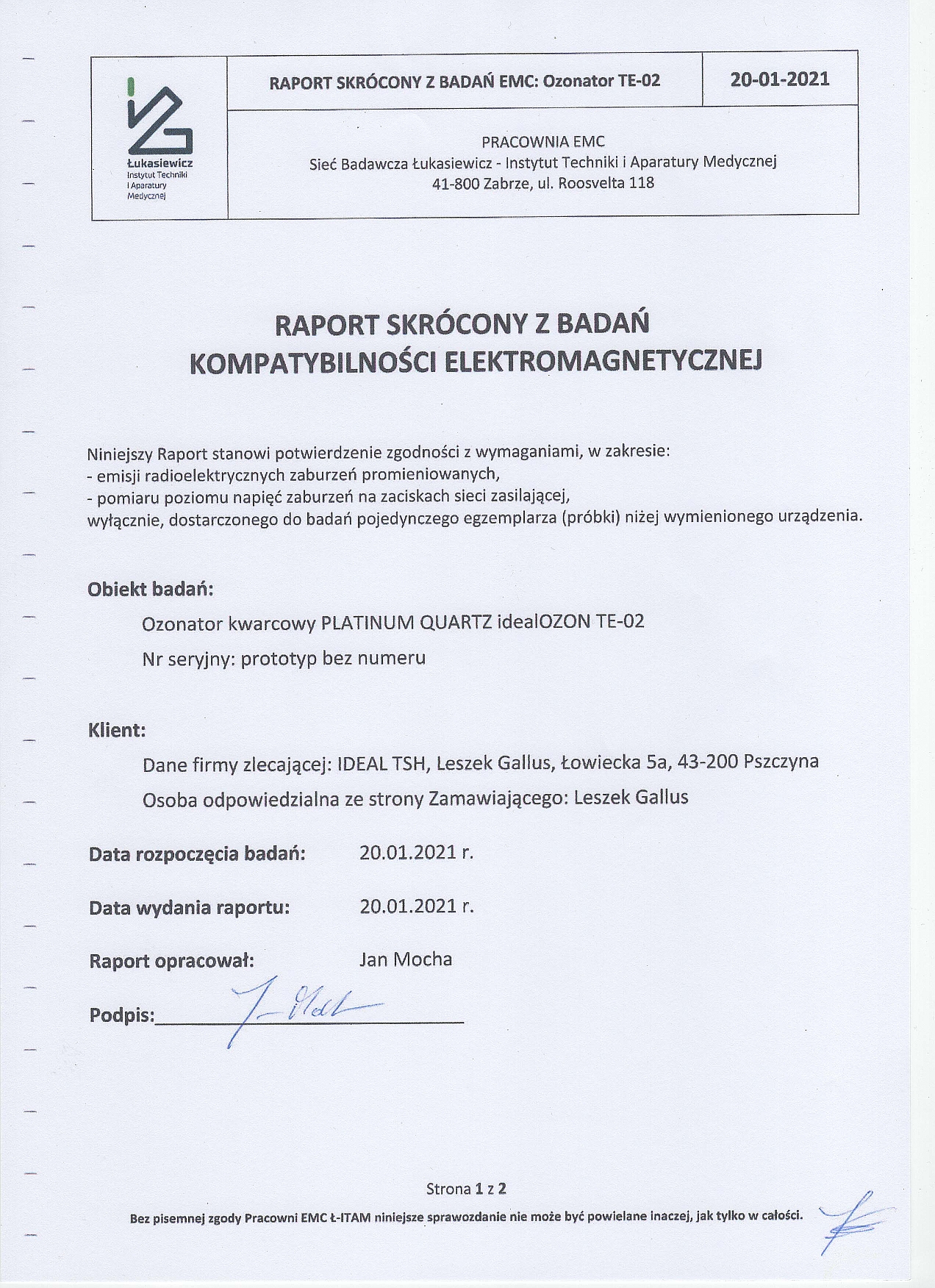 Ozonator powietrza TE- badania wykonane w pracowni EMC: Sieć Badawcza Łukasiewicz