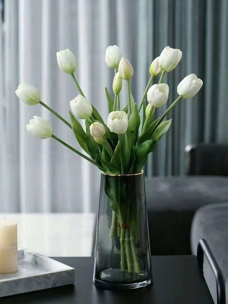 WHITE Flowers Artificial Tulips for Home Decor Bouquet    (5 pieces 40cm)