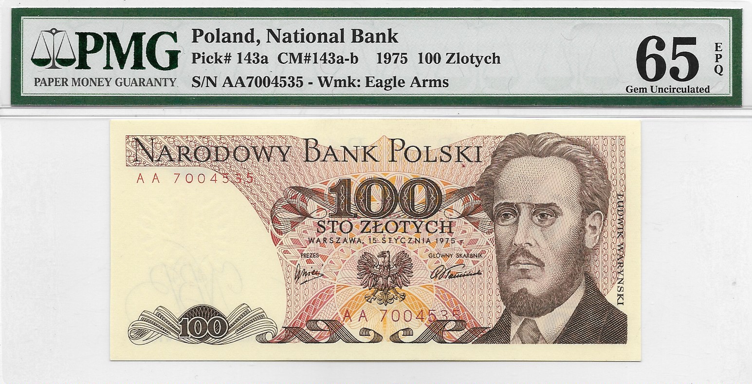 Banknot 100 Zł L. Waryński 1975r Seria AA 7004535 Rzadki!!! / Nowa Oferta/