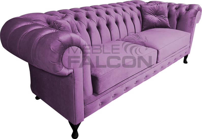 pikowana sofa fioletowa wrzos błyszcząca tkanina