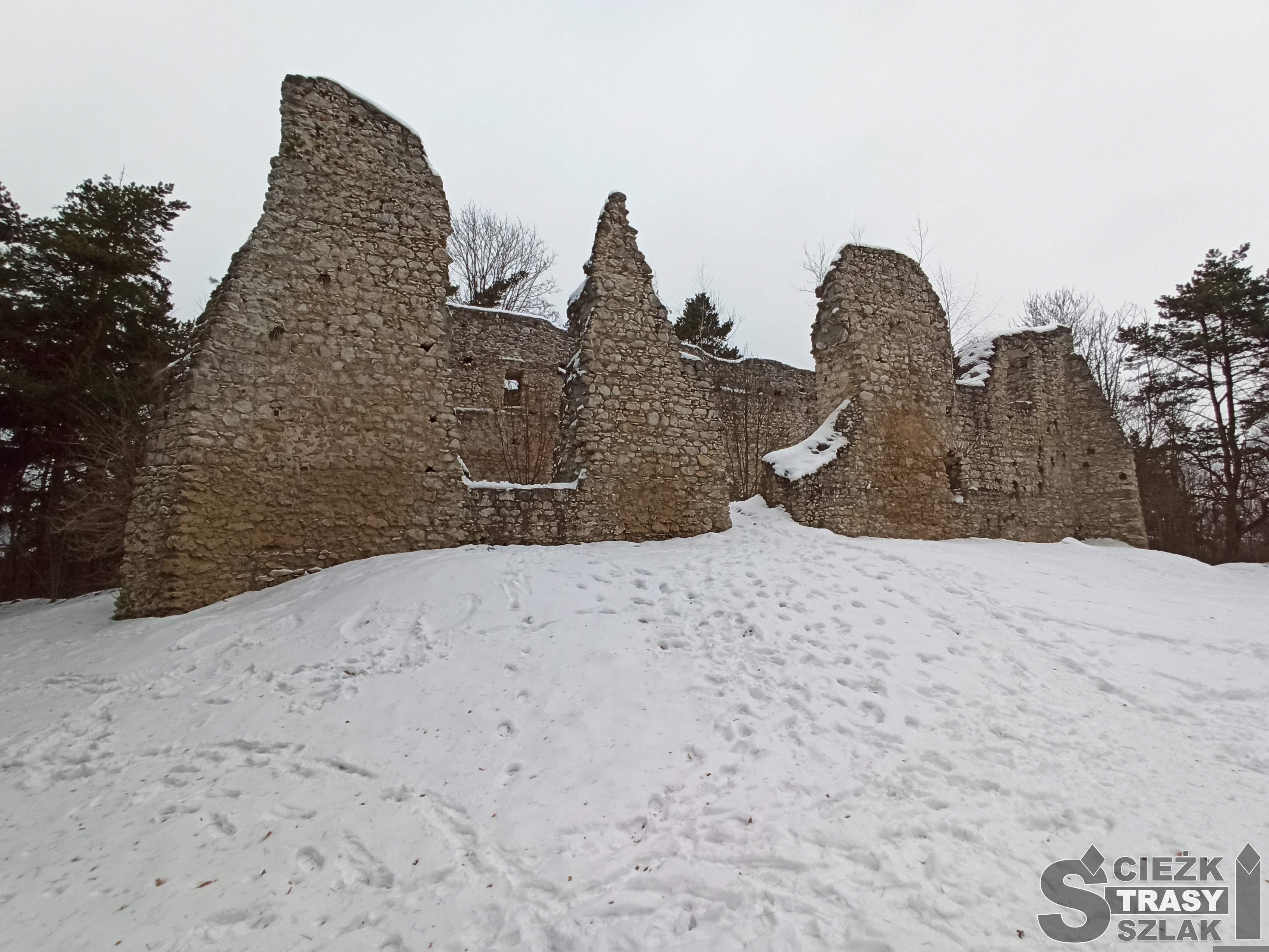 Ruiny zamku w Bydlinie na planie prostokąta, bez dachu z częściowymi fragmentami muru w zimie