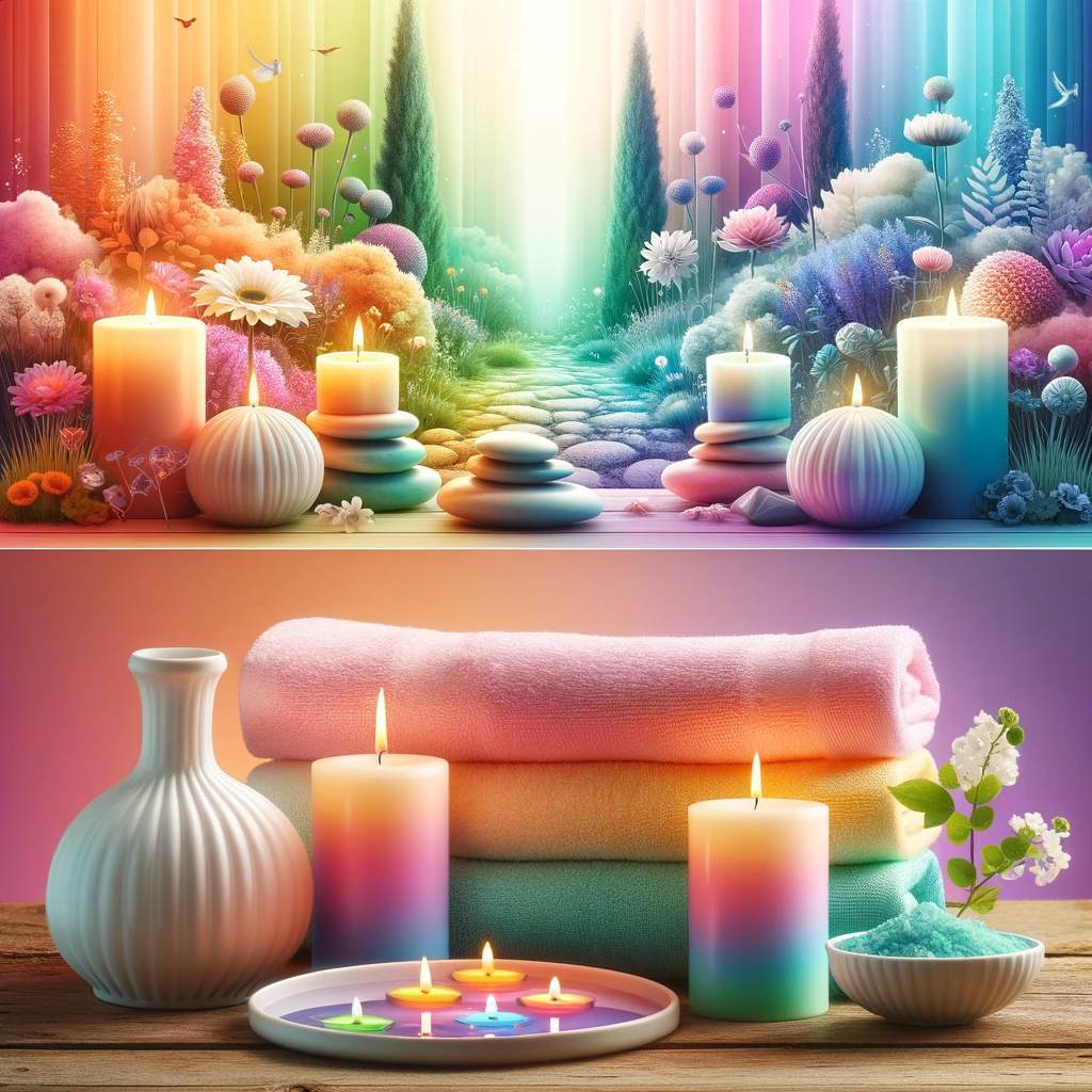 DALLE 2023-12-30 214551 - Image of a serene spa setting with candles and towels in soft pastel colors promoting relaxation and healing Another image showcasing a garden with png