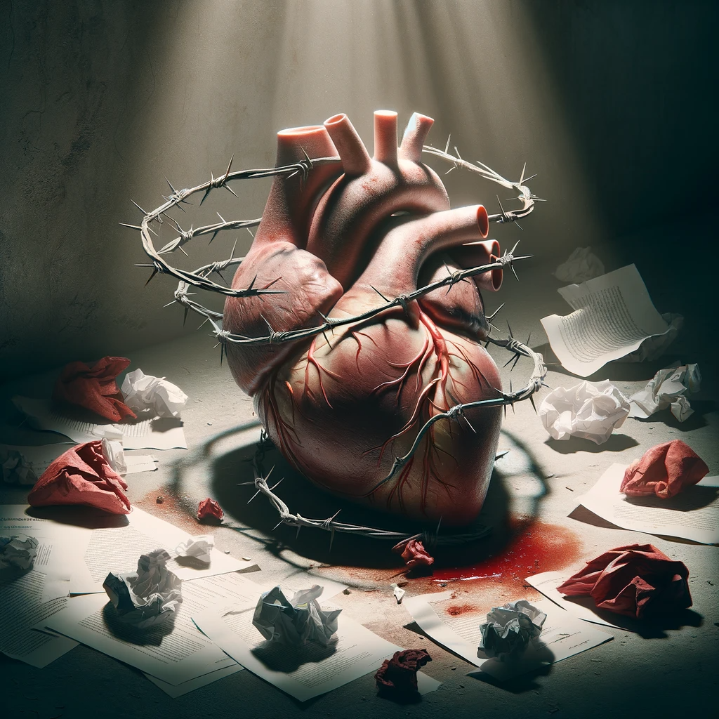 DALLE 2023-11-06 195656 - An anatomically correct heart appears strained and overwhelmed situated in a bleak setting that represents emotional neglect The heart is entangled png