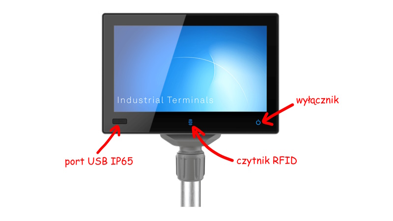 Komputer MES9016 od frontu, czytnik RFID, wyłącznik, port USB IP65