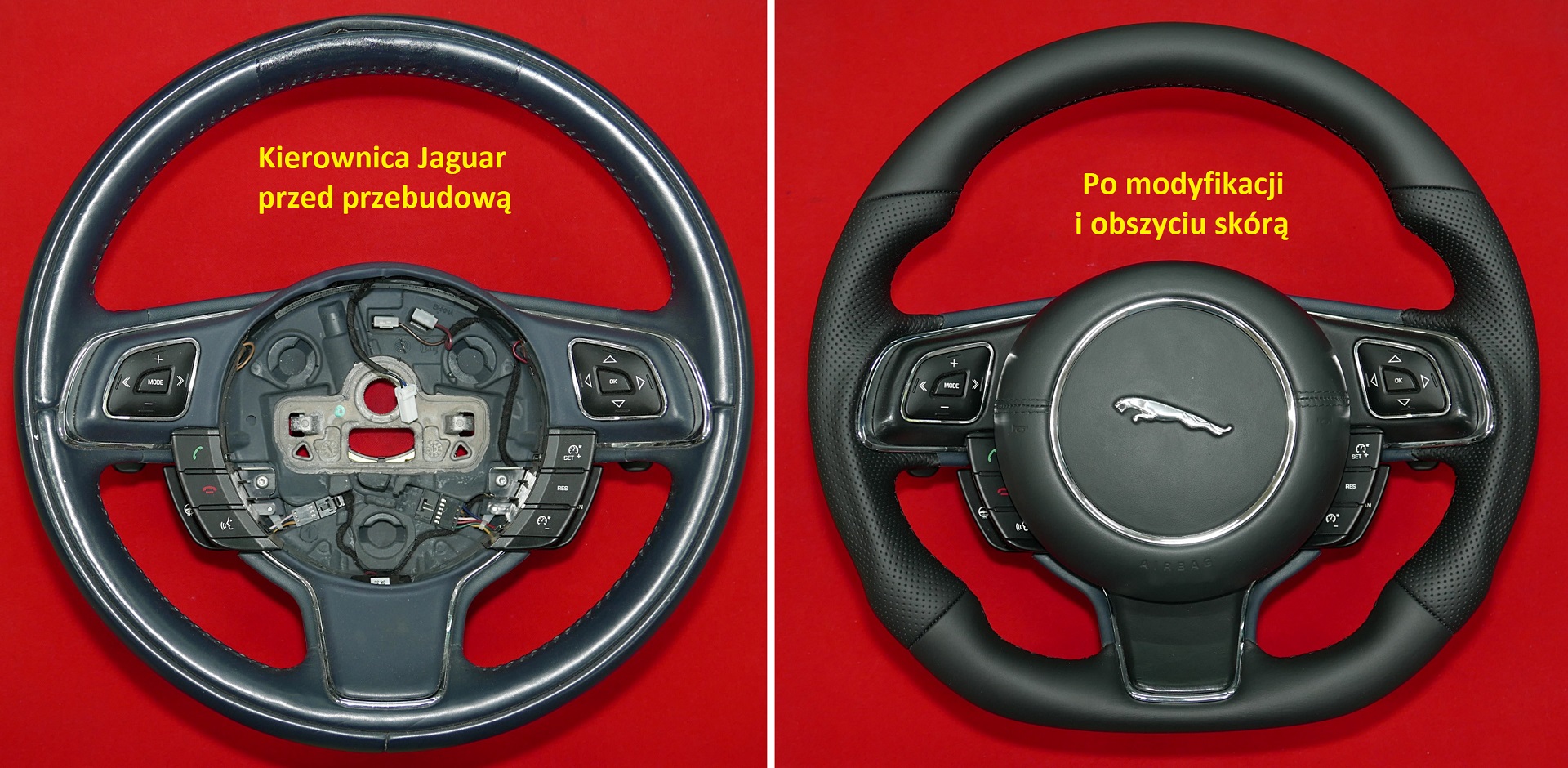 Kierownica Jaguar przebudowa modyfikacja zmiana kształtu, tuning kierownic, obszycie kierownicy skórą