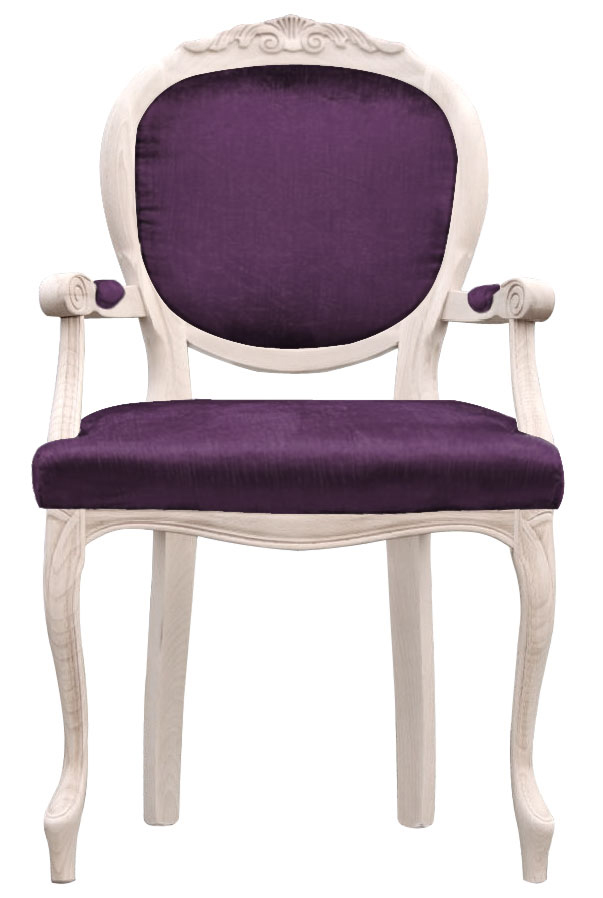 wyborne krzesło z podłokietnikami tapicerowane krzesło fioletowe krzesło ozdobne stolarka rzeźbiona