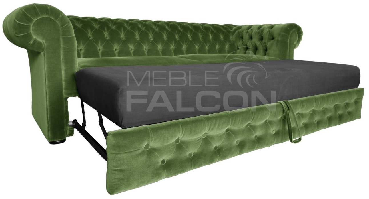 sofa chesterfield rozkładana funkcja spania wózkowa zielona plusz pikowana tkanina producent tanio