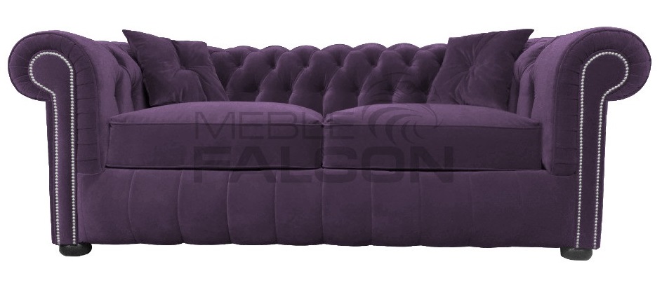 sofa chesterfield manchester fioletowa plusz welur wygodna do salonu trzyosobowa z funkcją spania