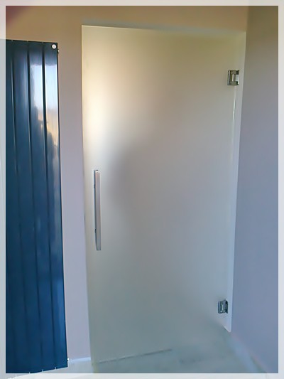 Drzwi ze szkła hartowanego Decormat. Montowane bezpośrednio do ściany na dwóch zawiasach.