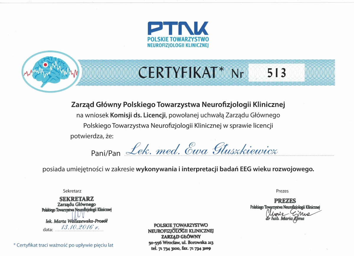 Certyfikat upoważniający do wykonywania i oceny badań EEG u dzieci. Certyfikat taki otrzymują tylko lekarze, którzy przeszli proces szkoleniowy, wykonali duża liczbę badań oraz zdali egzamin w jednostce certyfikacyjnej.  W Polsce taki certyfikat posiada tylko kilkuset lekarzy.